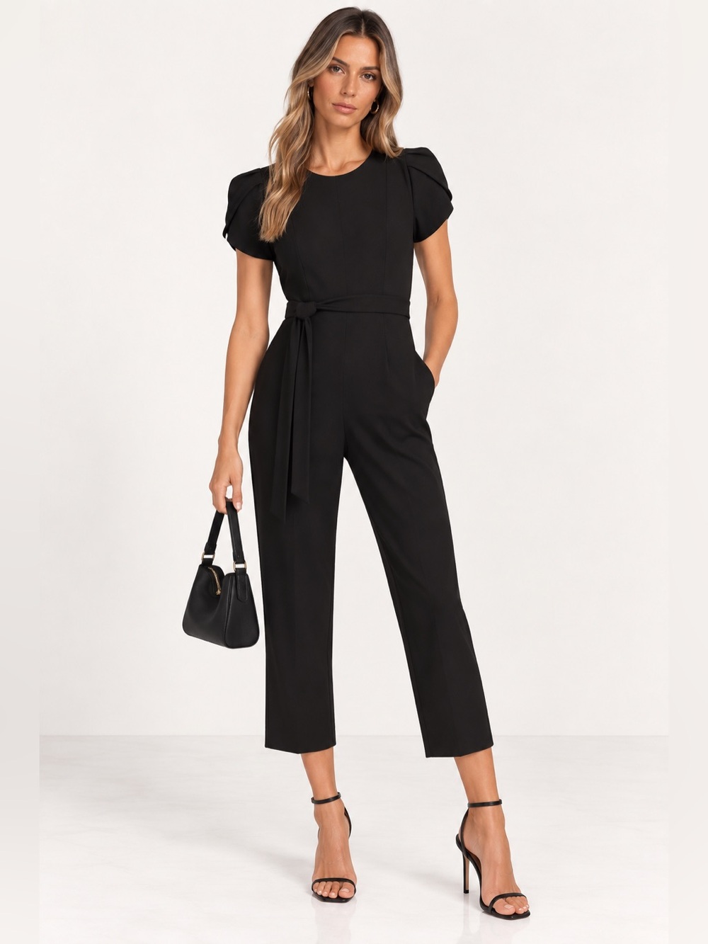 NWT Calvin Klein Black Puff Sleeve Belted Cropped Jumpsuit